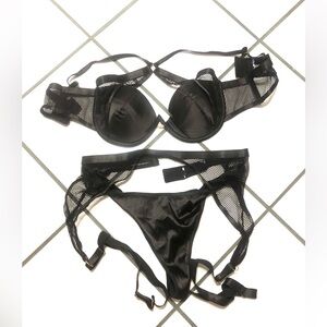 Sexy black satin, mesh and strapped lingerie set